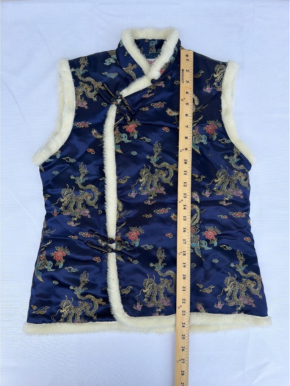 Plum Blossom Women's XL Navy Chinese Dragon Brocade Faux Fur Trim Vest - Picture 5 of 6